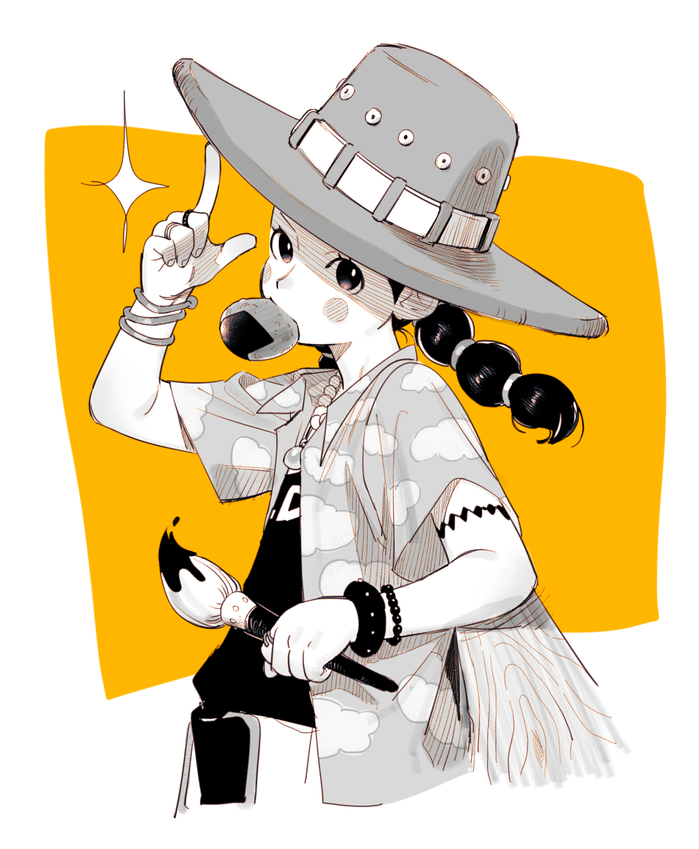 1girl, blush_stickers, bracelet, chanko_neru, hat, highres, holding, holding_brush