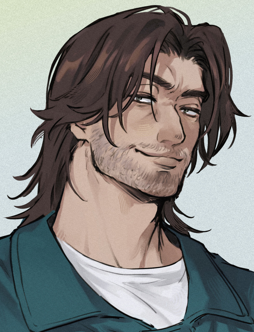 1boy, bags_under_eyes, beard_stubble, black_eyes, blue_coat, brown_hair, coat, curtained_hair