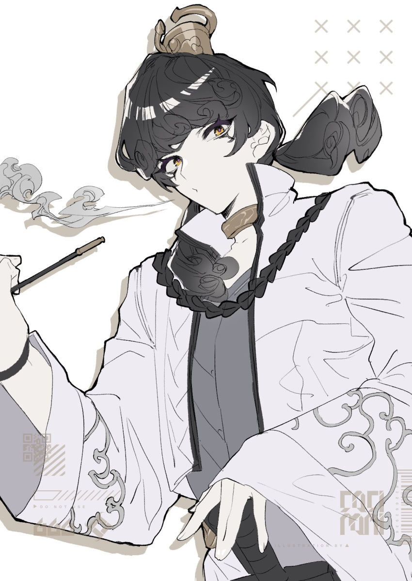 1boy, black_hair, coat, eyelashes, gold_choker, grey_shirt, highres, holding