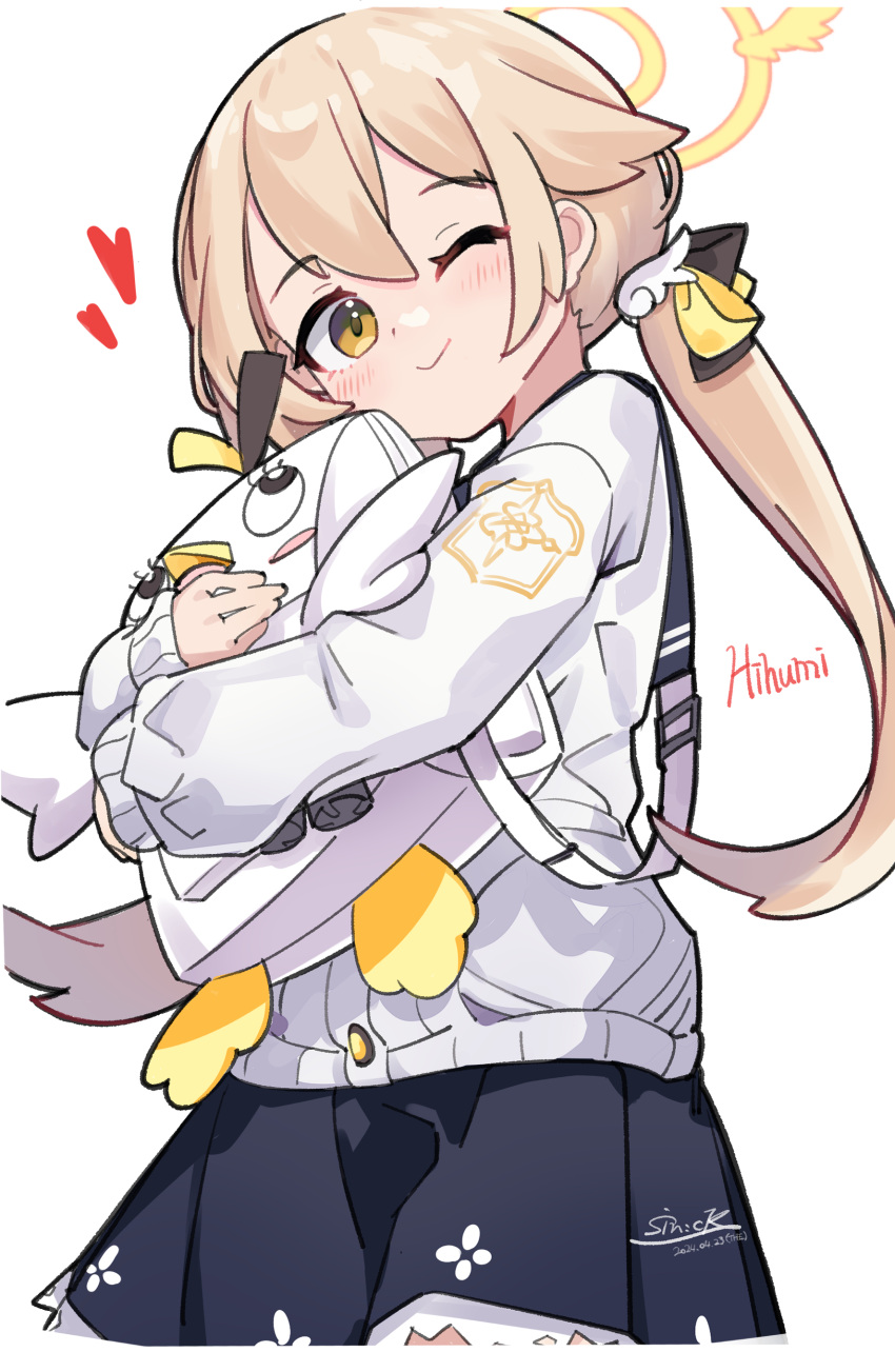 1girl, :>, absurdres, backpack, bag, black_sailor_collar, black_skirt, blonde_hair, blue_archive, blush, bow, bright_pupils, cardigan, character_name, from_below, hair_between_eyes, hair_ornament, halo, heart, hifumi_(blue_archive), highres, holding, holding_bag, hugging_object, long_hair, long_sleeves, looking_at_viewer, low_twintails, one_eye_closed, peroro_(blue_archive), ribbon, sailor_collar, school_bag, school_emblem, school_uniform, sidelocks, simple_background, sin:ck, skirt, sleeves_past_wrists, smile, sweater, twintails, white_background, white_cardigan, wing_hair_ornament, winged_halo, yellow_bow, yellow_eyes, yellow_halo