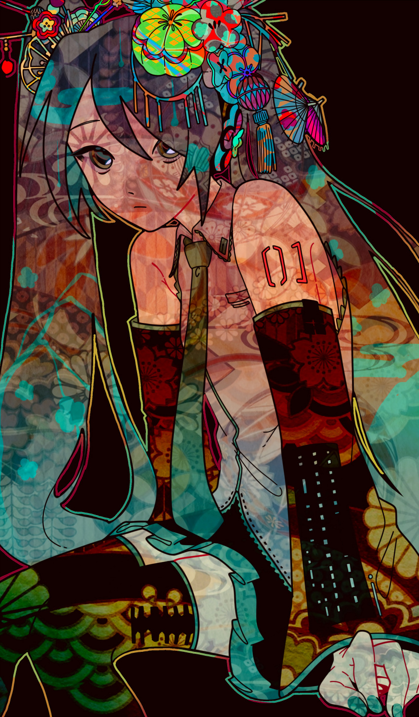 1girl, absurdres, arm_support, black_necktie, closed_mouth, collared_shirt, detached_sleeves, hair_between_eyes, hair_ornament, hatsune_miku, highres, igurumi_00128, invisible_chair, long_hair, looking_at_viewer, necktie, shirt, shoulder_tattoo, simple_background, sitting, solo, tattoo, thigh-highs, twintails, very_long_hair, vocaloid