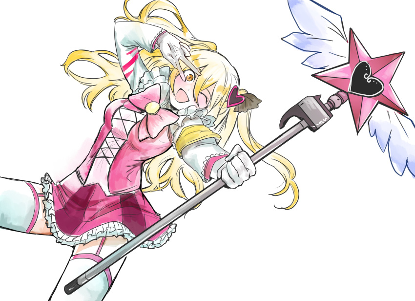 1girl, absurdres, armband, blonde_hair, bow, bowtie, breasts, don_quixote_(project_moon), e.g.o_(project_moon), hair_ornament, heart, heart_hair_ornament, highres, holding, holding_staff, in_the_name_of_love_and_hate_(e.g.o), limbus_company, lobotomy_corporation_(identity)_(project_moon), long_hair, long_sleeves, looking_at_viewer, nugii, one_eye_closed, open_mouth, pink_bow, pink_bowtie, pink_garter_straps, pink_skirt, pink_vest, project_moon, simple_background, skirt, solo, staff, standing, thigh-highs, twintails, two_side_up, upper_body, v, vest, white_background, white_thighhighs, winged_wand, yellow_armband, yellow_eyes