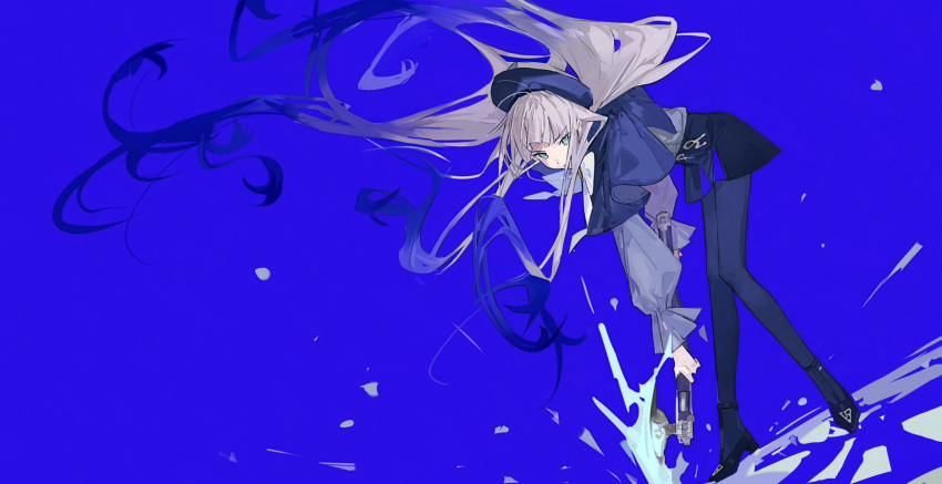 1boy, beret, black_capelet, black_shorts, blue_hair, bow, capelet, fate/grand_order, fate_(series), gradient_hair, green_eyes, grey_hair, hat, high-waist_shorts, highres, long_hair, long_sidelocks, long_sleeves, looking_at_viewer, multicolored_hair, noah_(second_ascension)_(fate/grand_order), shanzizizizizi, shirt, shorts, sidelocks, solo, very_long_hair, very_long_sidelocks