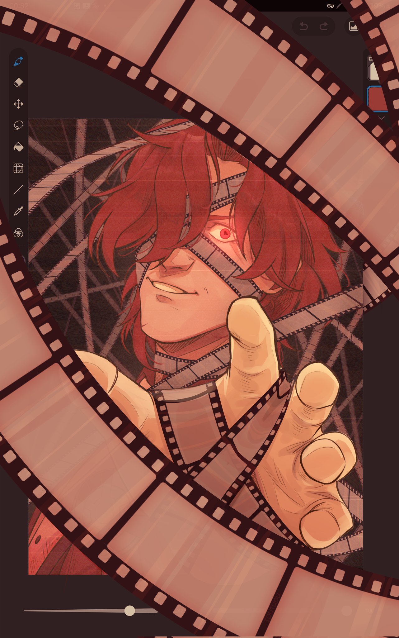 1boy, art_program_in_frame, bandaged_head, bandages, crazy_eyes, curtained_hair, film_reel, fourth_wall