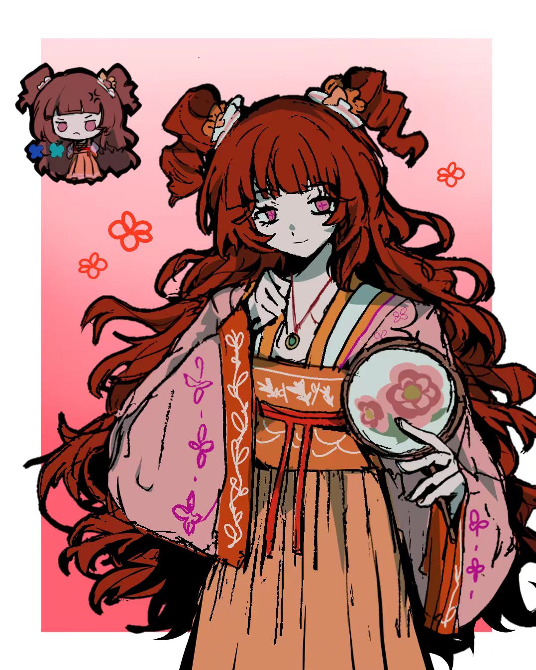 1girl, border, brown_hair, chibi, chibi_inset, chinese_clothes, drill_hair, flower
