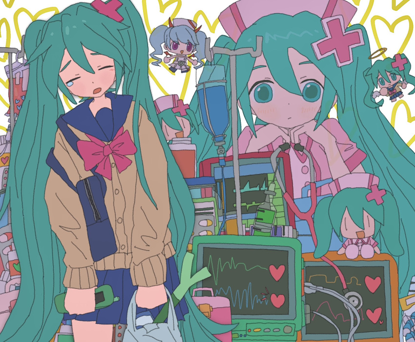 1girl, aqua_eyes, aqua_hair, bag, blue_bag, blue_eyes, blue_hair, blue_sailor_collar, blue_skirt, blush, bow, brown_cardigan, cardigan, cardiogram, cellphone, character_doll, chibi, closed_eyes, collared_dress, demon_horns, doll, dress, flip_phone, hair_between_eyes, hair_ornament, hat, hatsune_miku, head_rest, heart, highres, holding, holding_bag, holding_phone, horns, intravenous_drip, koiiro_byoutou_(vocaloid), kousou_(vanilla_rkgk), leaning_to_the_side, long_hair, looking_at_viewer, multiple_girls, nurse, nurse_cap, open_mouth, phone, pill, pink_bow, pink_dress, pink_hat, plastic_bag, pleated_skirt, red_horns, sailor_collar, school_bag, school_uniform, serafuku, shoulder_bag, skirt, smile, spring_onion, syringe, tearing_up, twintails, very_long_hair, violet_eyes, vocaloid, x_hair_ornament, yawning
