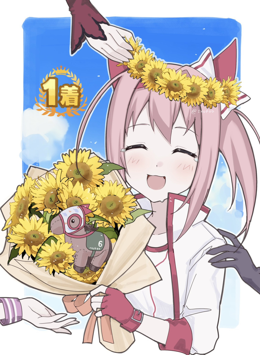 4girls, animal_ears, blue_sky, border, bouquet, bow, closed_eyes, clouds, commentary, ear_bow, ear_covers, english_commentary, fingerless_gloves, flower, flower_in_eye, gloves, haru_urara_(bestest_prize)_(umamusume), haru_urara_(umamusume), head_wreath, headband, highres, holding, holding_bouquet, horse_ears, horse_girl, ixopod, jacket, king_halo_(king_of_emeralds)_(umamusume), king_halo_(umamusume), long_hair, long_sleeves, multiple_girls, open_clothes, open_jacket, open_mouth, out_of_frame, outline, pink_hair, pink_headband, ponytail, red_gloves, red_headband, rice_shower_(rosy_dreams)_(umamusume), rice_shower_(umamusume), shirt, sky, sleeves_rolled_up, smile, solo_focus, special_week_(special_dreamer)_(umamusume), special_week_(umamusume), stuffed_animal, stuffed_toy, sweat, symbol_in_eye, tearing_up, umamusume, upper_body, white_border, white_jacket, white_outline, white_shirt, wristband, yellow_flower