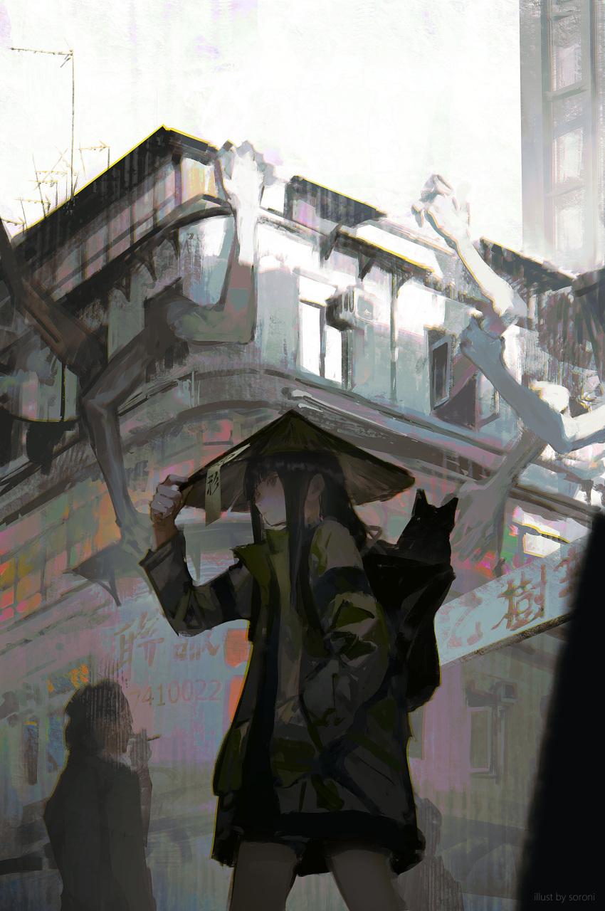1boy, 1girl, 1other, absurdres, adjusting_clothes, adjusting_headwear, artist_name, black_hair
