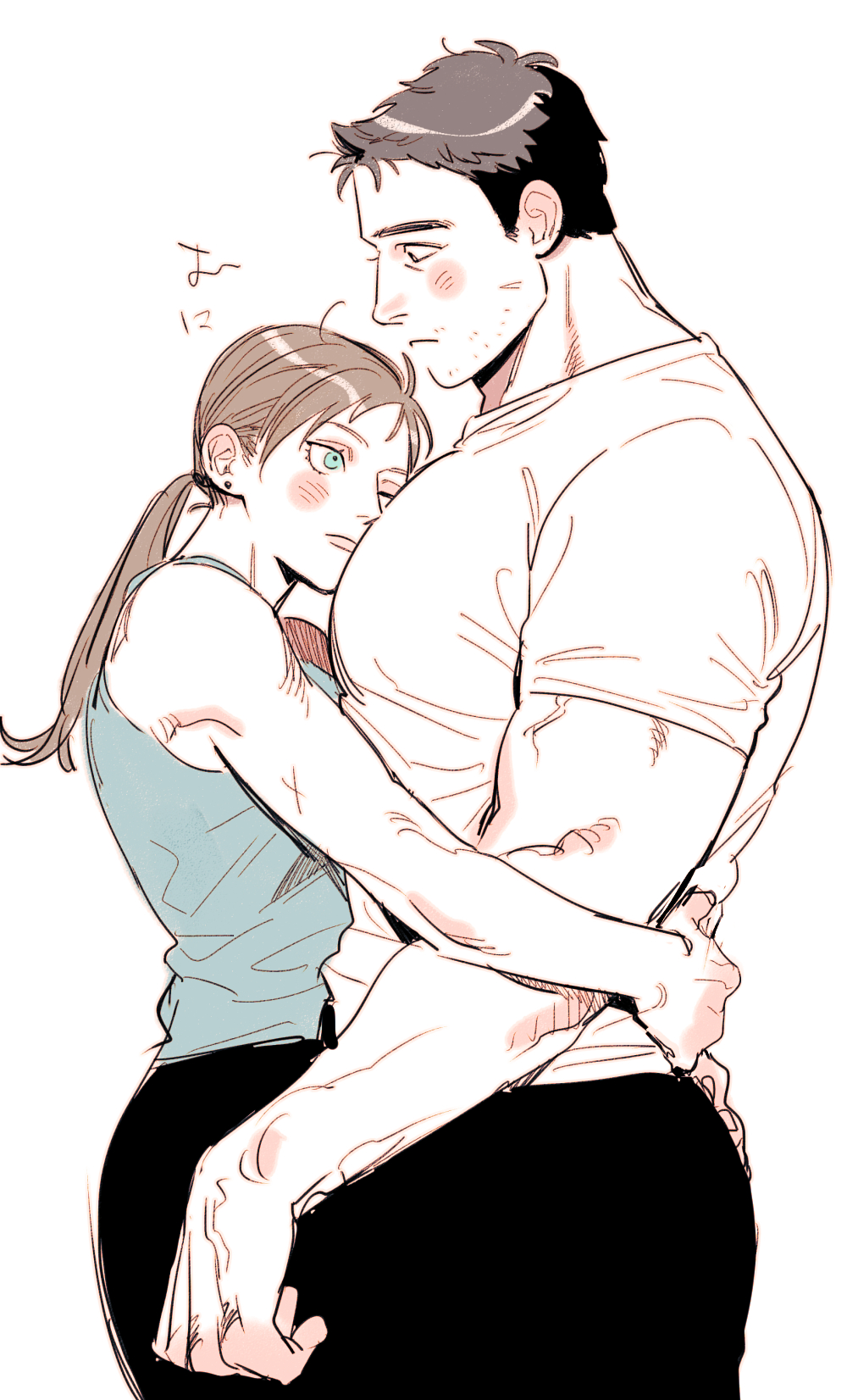 1boy, 1girl, black_pants, blue_eyes, blue_tank_top, blush, brown_hair, chanko_neru