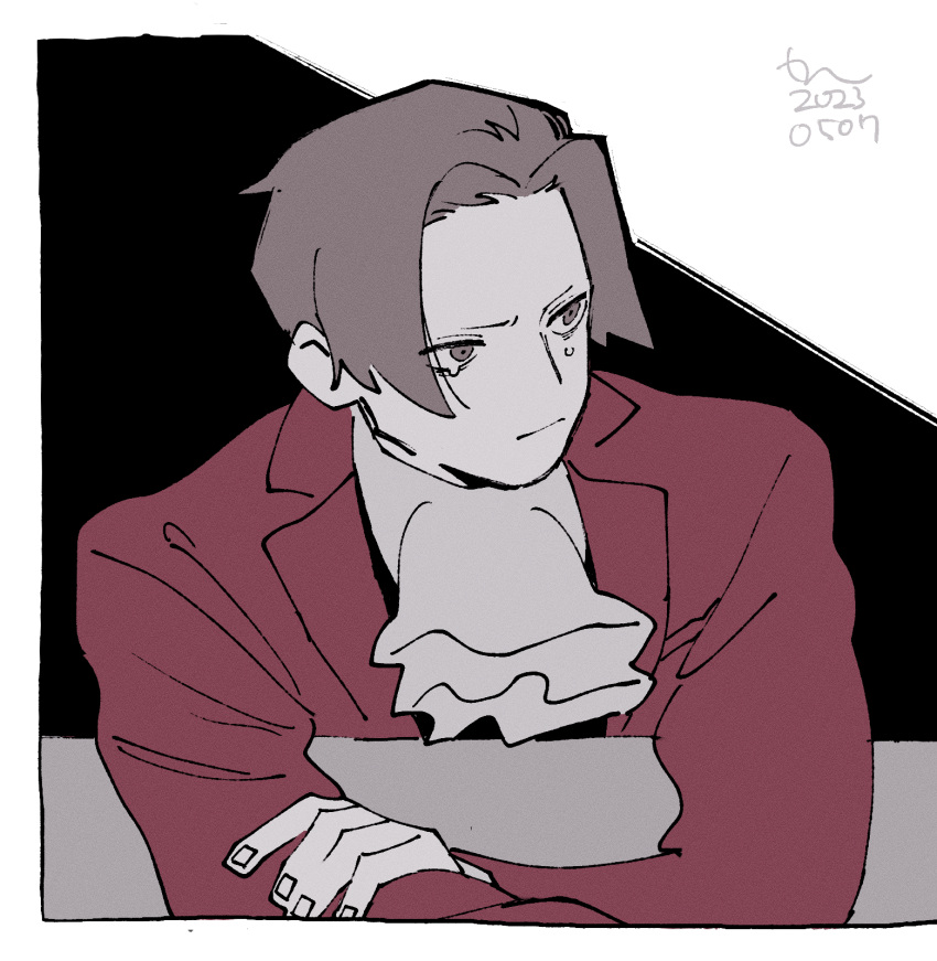 1boy, ace_attorney, ascot, closed_mouth, commentary_request, crossed_arms, crying, erm_nkcn, fingernails, grey_hair, highres, jacket, male_focus, miles_edgeworth, red_jacket, sad, short_hair, signature, solo, tears, upper_body