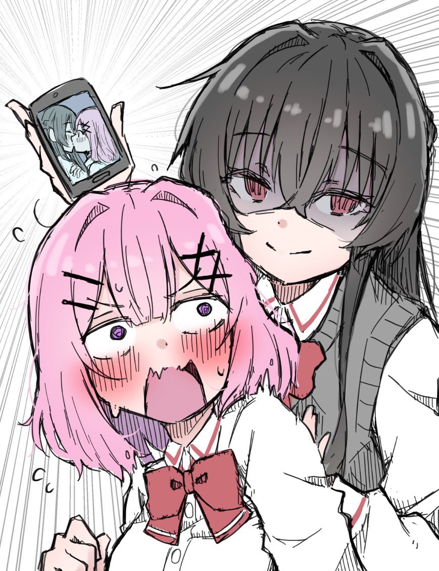 2girls, amaori_renako, blush, emphasis_lines, flying_sweatdrops, holding, holding_phone, kiss