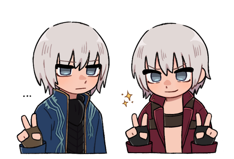 ..., 2boys, :|, arm_up, arms_up, black_gloves, black_shirt, blue_coat, blue_eyes, brothers, chest_harness, closed_mouth, coat, commentary, cropped_torso, dante_(devil_may_cry), devil_may_cry_(series), devil_may_cry_3, dot_nose, double_v, fingerless_gloves, gloves, hair_behind_ear, hair_down, harness, iluvmyhamster69, jitome, lapels, long_sleeves, looking_at_viewer, male_focus, multiple_boys, open_clothes, open_coat, popped_collar, red_coat, shirt, siblings, smile, sparkle, symbol-only_commentary, twins, v, vergil_(devil_may_cry), white_background, white_hair