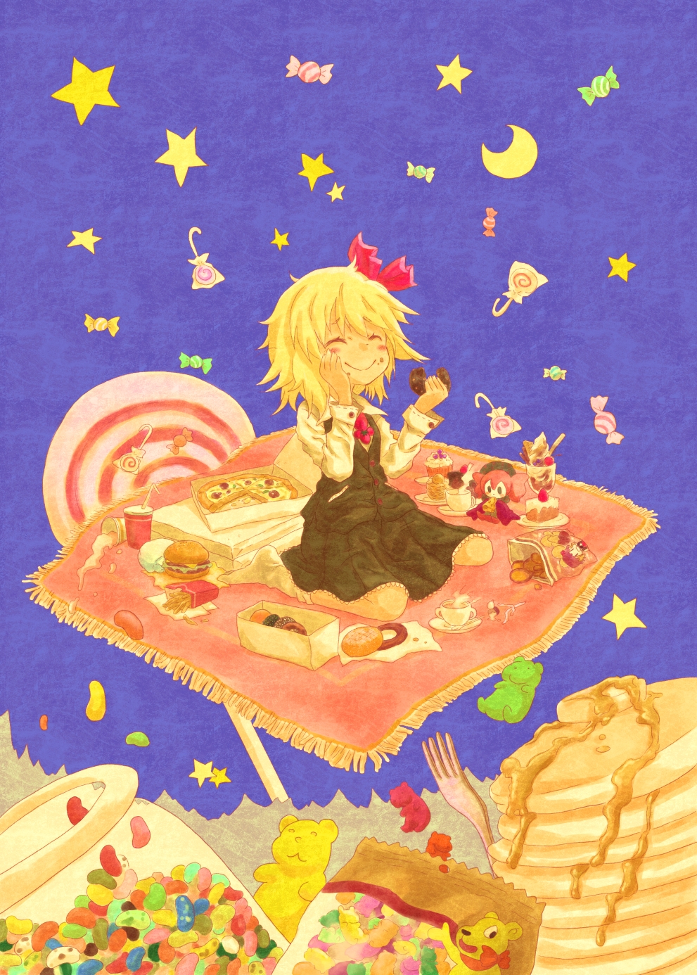 blonde_hair, blue_background, cake, candy, charlotte_(madoka_magica), cheese, closed_eyes, crescent, crossover, crumbs, cup, doughnut, eating, eyes_closed, food, french_fries, frills, hamburger, hand_on_own_cheek, happy, highres, issin., jelly_bean, lollipop, mahou_shoujo_madoka_magica, pancake, pizza, rug, rumia, short_hair, sitting, skirt, smile, soda, solo, star, steam, swirl_lollipop, teacup, touhou, wariza, youkai