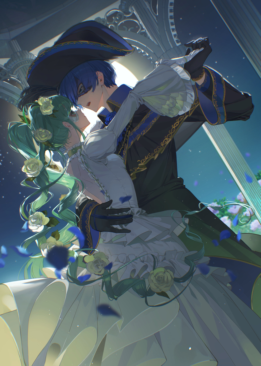 1boy, 1girl, absurdres, aqua_hair, arm_around_waist, bicorne, black_dress, black_gloves