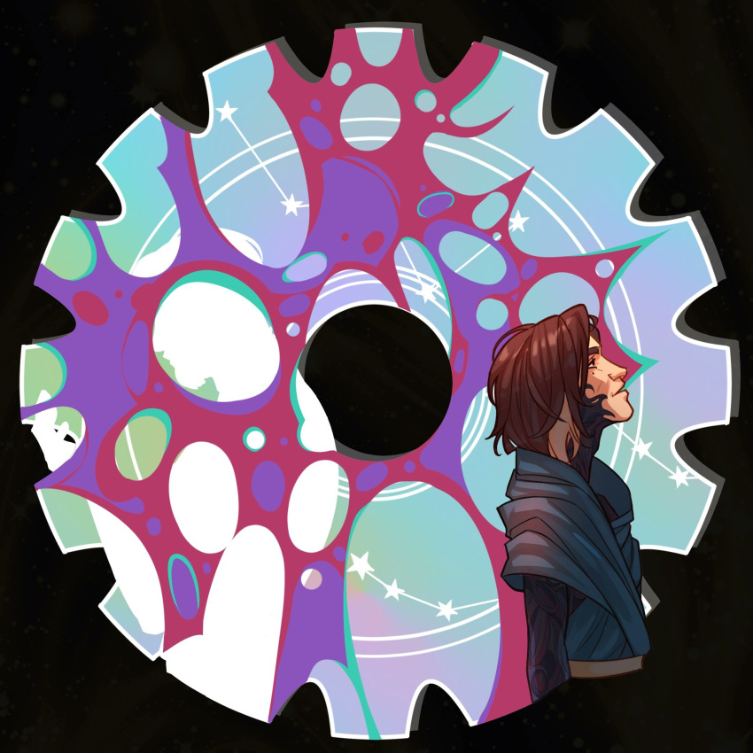 1boy, 1other, abstract, arcane:_league_of_legends, beard, blue_cloak, border, brown_hair