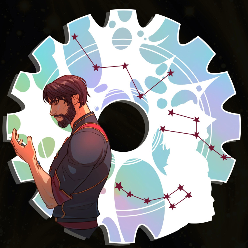 1boy, 1other, abstract, arcane:_league_of_legends, arcane_jayce, beard, black_shirt, border