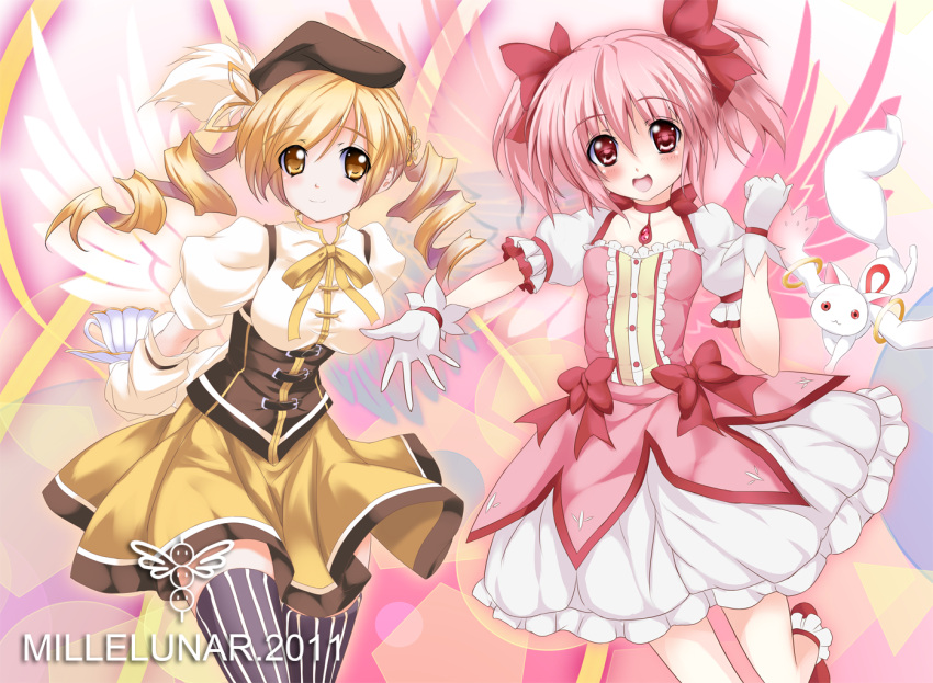 blonde_hair, drill_hair, kaname_madoka, kyubey, magical_girl, mahou_shoujo_madoka_magica, millelunar, multiple_girls