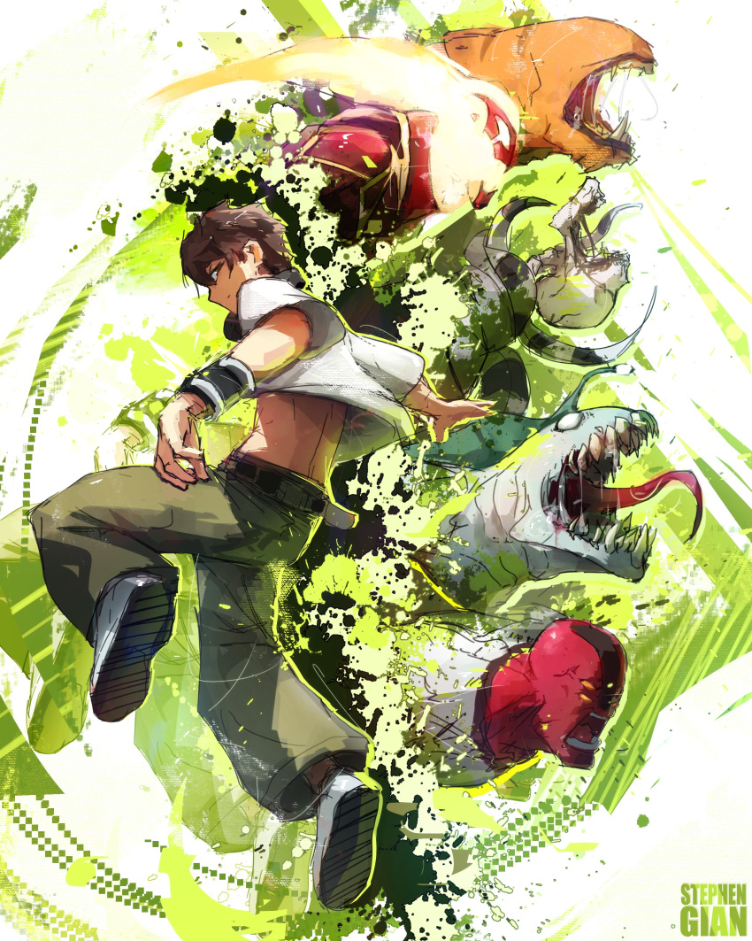 1boy, absurdres, ben_10, ben_tennyson, brown_hair, character_request, commentary, full_body, green_pants, highres, looking_at_viewer, monster, pants, sash, sharp_teeth, shirt, short_hair, stephengiannart, teeth, tongue, tongue_out, watermark, white_shirt, wristband