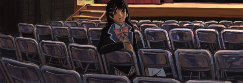 1other, animegao, auditorium, black_hair, black_jacket, bow, bowtie, chair
