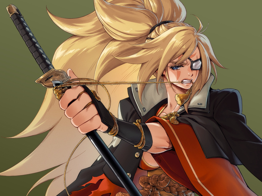 1girl, baiken, black_gloves, black_jacket, blonde_hair, breasts, eyepatch, facial_mark