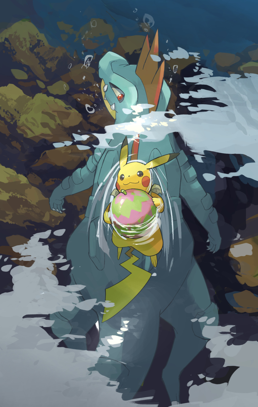 :3, air_bubble, animal_focus, berry_(pokemon), bubble, claws, closed_mouth, fangs