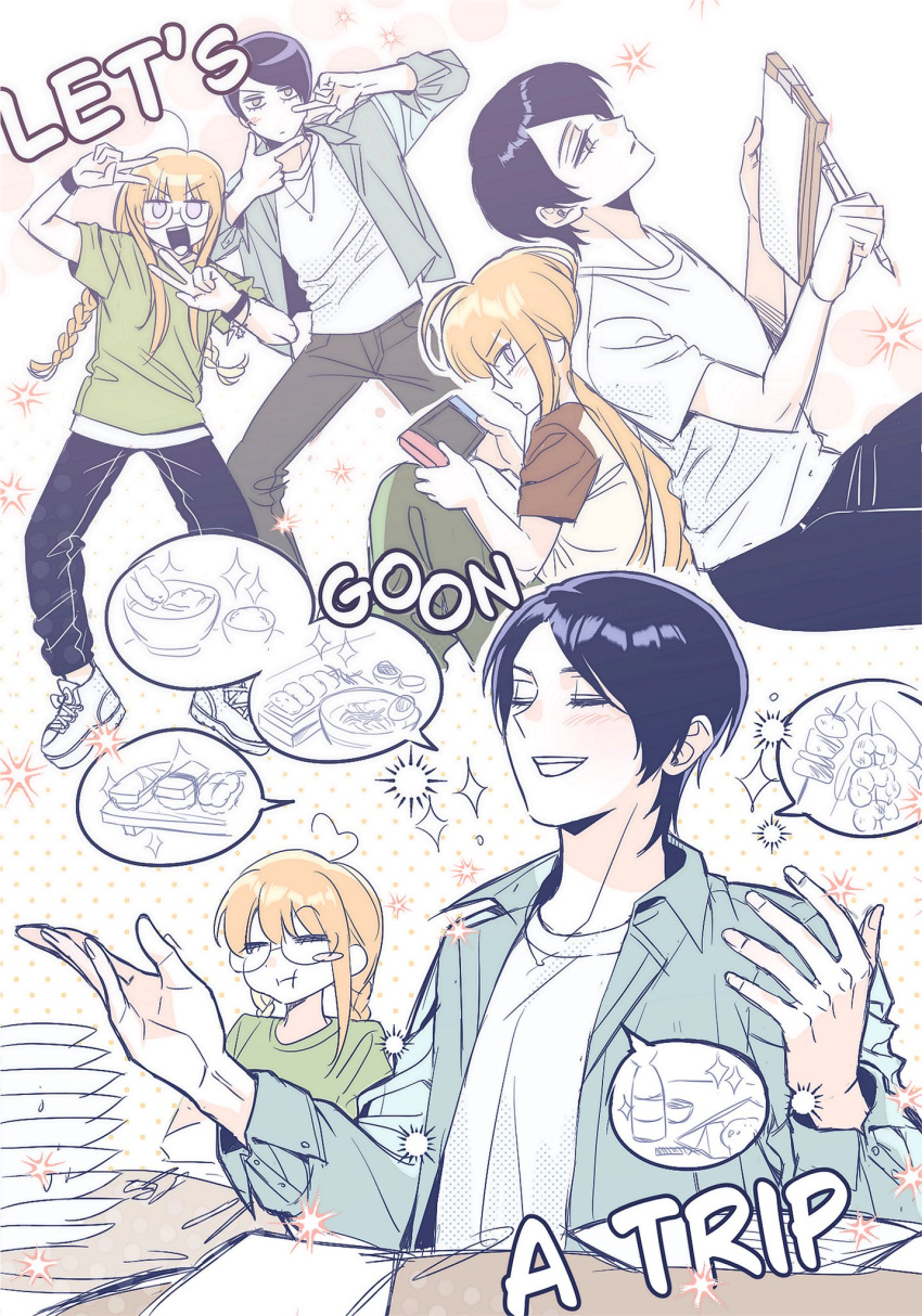 1boy, 1girl, :d, ahoge, alternate_costume, alternate_hairstyle, back-to-back, black-framed_eyewear