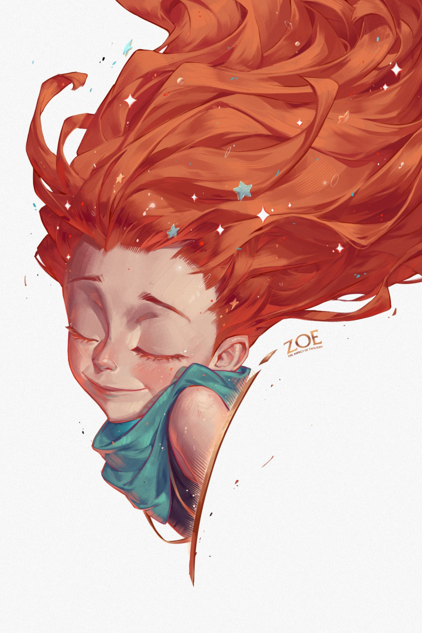 1girl, character_name, child, closed_eyes, english_commentary, eyelashes, hair_ornament, highres, league_of_legends, orange_hair, patrick_ganas, portrait, sparkling_hair, star_(symbol), star_hair_ornament, white_background, zoe_(league_of_legends)