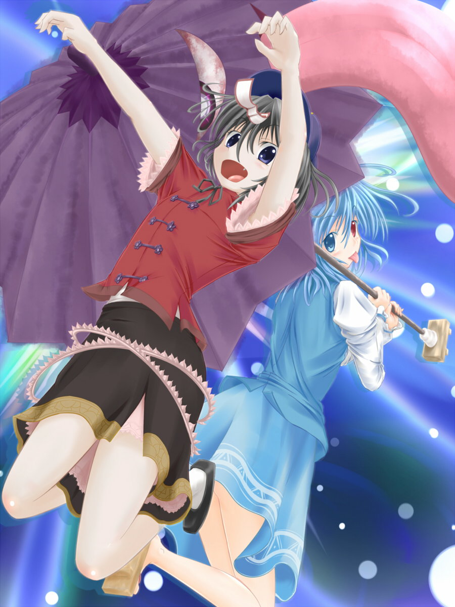 :p, armpits, back-to-back, black_eyes, black_hair, blue_eyes, blue_hair, fang