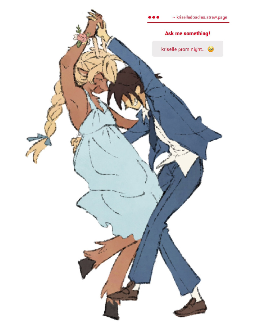1girl, 1other, alternate_costume, antlers, blue_jacket, blue_pants, blue_suit, braid, brown_hair, brown_shoes, colored_skin, commentary, corsage, dancing, deer_antlers, deer_girl, deltarune, dress, english_commentary, english_text, furry, furry_female, ginakusgf, highres, hooves, horns, jacket, kris_(deltarune), long_hair, noelle_holiday, other_with_female, pants, request_inset, shoes, short_hair, sleeveless, sleeveless_dress, smile, strawpage, suit, suit_jacket, utdr_(toby_fox), white_dress, yellow_skin