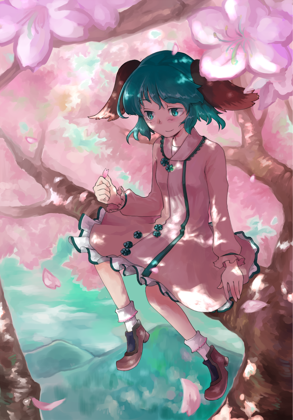 animal_ears, blush, cherry_blossoms, dress, green_eyes, green_hair, highres, in_tree