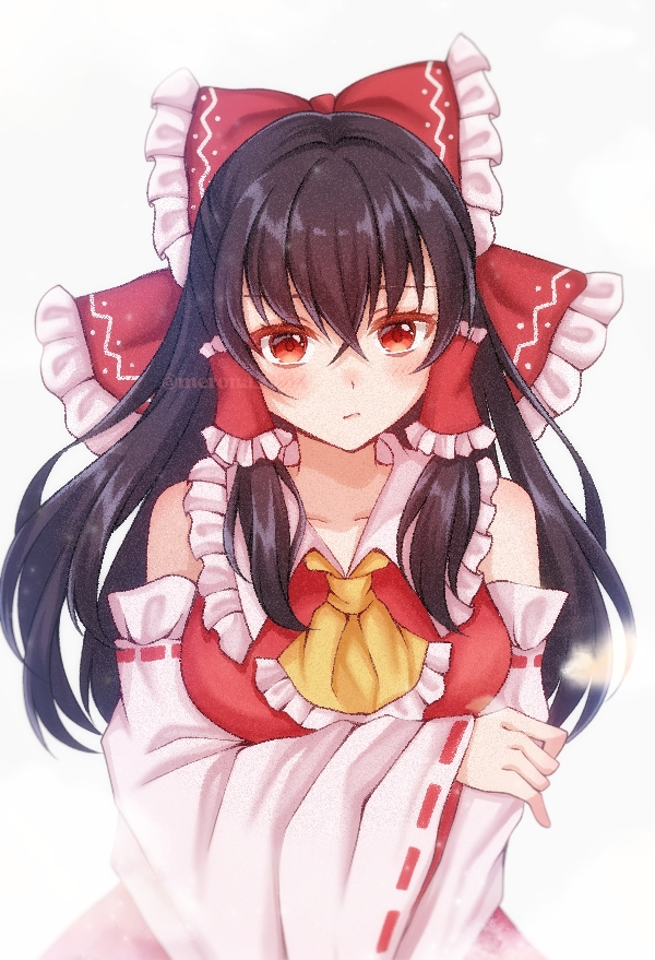 1girl, arms_under_breasts, ascot, black_hair, blush, bow, breasts, closed_mouth