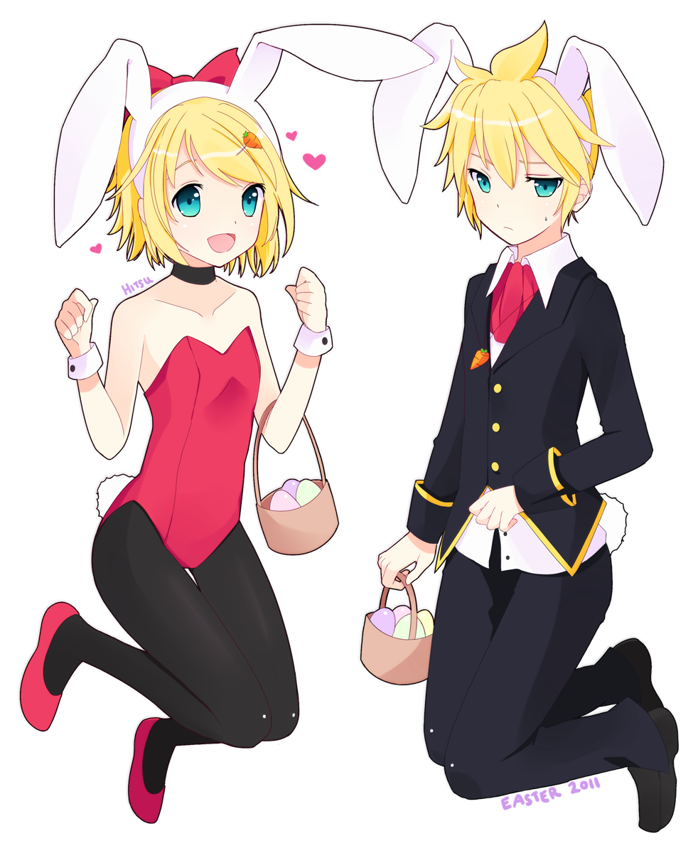 :d, bare_shoulders, basket, black_legwear, blue_eyes, bow, brother_and_sister, bunny_ears