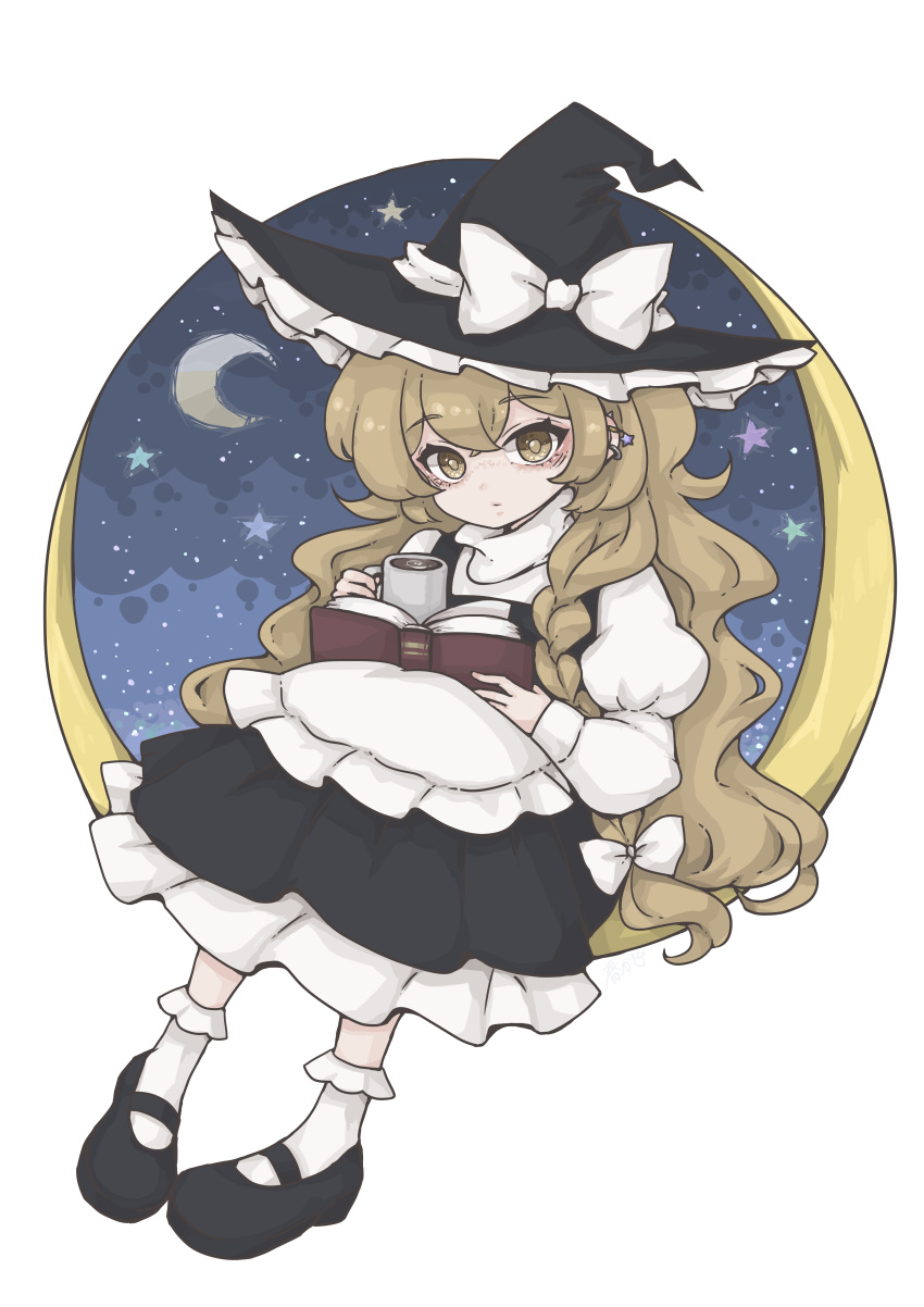 1girl, absurdres, apron, black_hat, black_shoes, black_skirt, blonde_hair, book