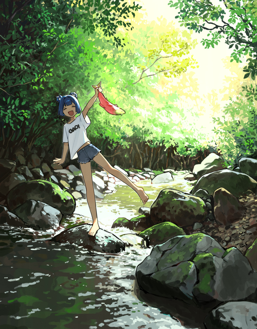 1girl, :d, animal, animal_ears, arm_up, bare_legs, bear_ears, bear_girl