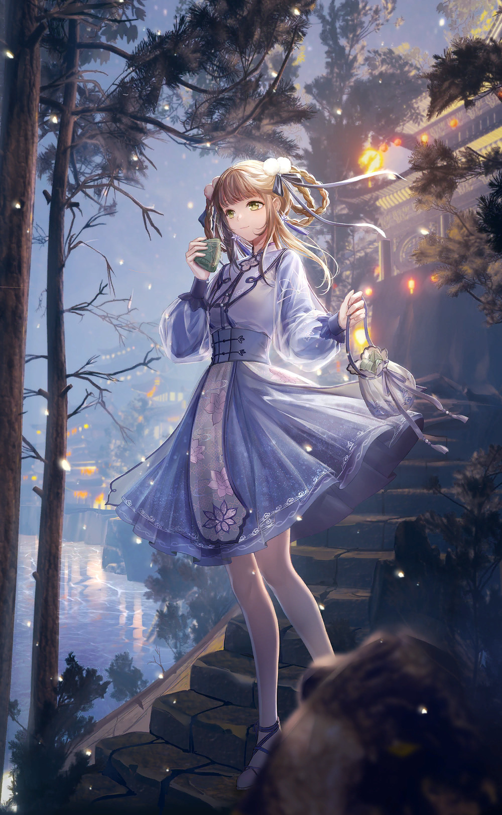 1girl, above-cleavage_cutout, ankle_ribbon, architecture, artist_request, bag, bag_ribbon, bare_legs