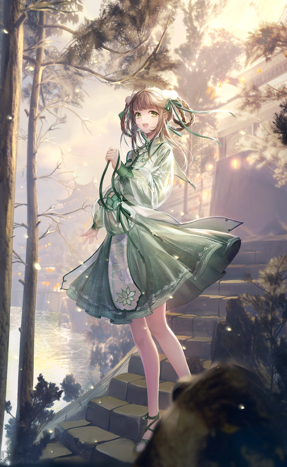 1girl, architecture, artist_request, bag, bag_ribbon, bare_legs, braid, braided_hair_rings
