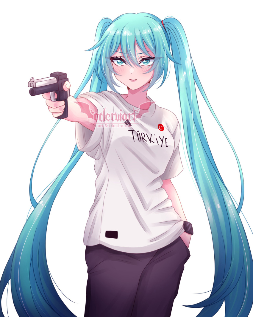 1girl, absurdres, aqua_eyes, aqua_hair, black_pants, cosplay, gun, hair_between_eyes