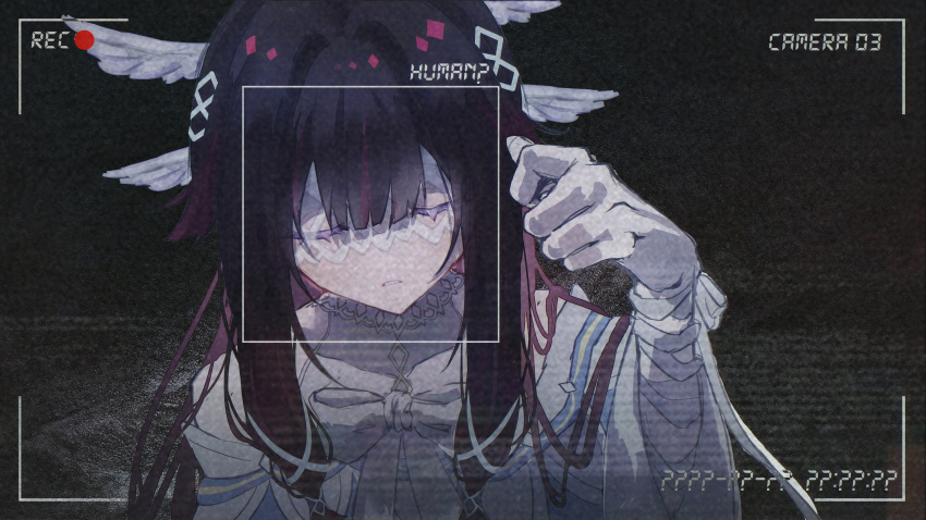 1girl, 448445053, absurdres, angel_wings, bandages, blindfold, blunt_bangs, closed_eyes