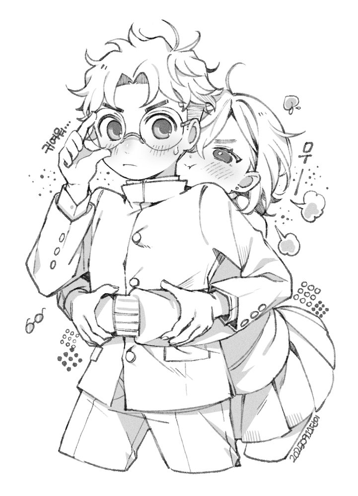 1boy, 1girl, adjusting_eyewear, arms_around_waist, ayase_momo, blush, closed_mouth, comimingming