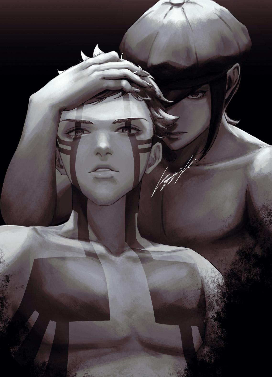 2boys, artist_name, black_background, body_markings, covering_one_eye, demi-fiend, greyscale, hand_on_another's_head