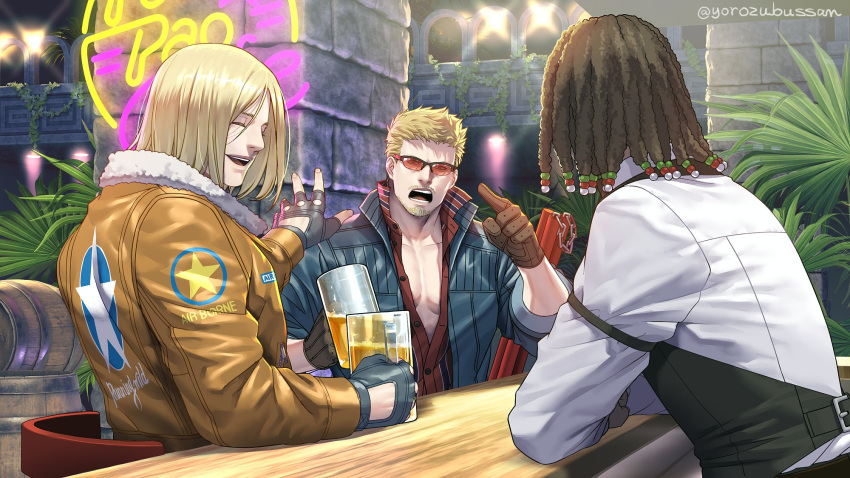 3boys, alcohol, arm_strap, bar_(place), beads, beer, beer_mug, billy_kane, black_gloves, black_vest, blonde_hair, blue_jacket, bo_staff, bob_wilson, bomber_jacket, brown_jacket, closed_eyes, cup, dreadlocks, dress_shirt, facial_hair, fatal_fury, fatal_fury:_city_of_the_wolves, fingerless_gloves, fur-trimmed_jacket, fur_trim, gloves, goatee, hair_beads, hair_ornament, highres, holding, holding_cup, jacket, leather, leather_jacket, long_hair, looking_at_another, male_focus, mug, multiple_boys, open_mouth, partially_unbuttoned, pectoral_cleavage, pectorals, pointing, pointing_at_another, popped_collar, red-tinted_eyewear, red_shirt, shirt, short_hair, sitting, sleeves_rolled_up, smile, sunglasses, terry_bogard, tinted_eyewear, twitter_username, vest, waiter, white_shirt, yorozu