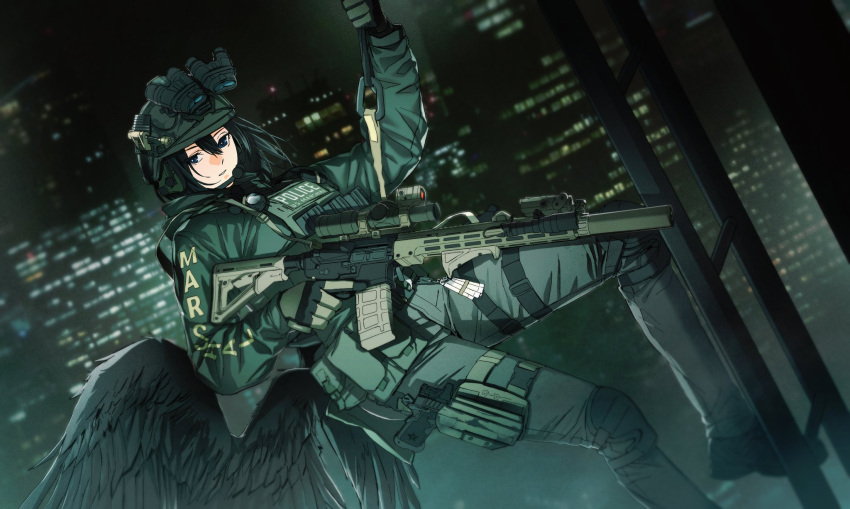 ammunition_pouch, assault_rifle, black_wings, body_armor, building, carabiner, climbing, climbing_rope
