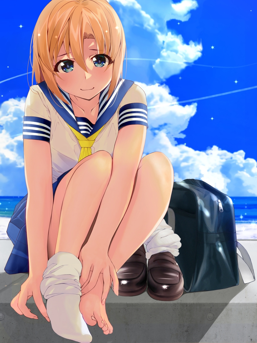 1girl, barefoot, blue_eyes, blue_sailor_collar, blue_skirt, blue_sky, brown_shoes, chuutaro_metal