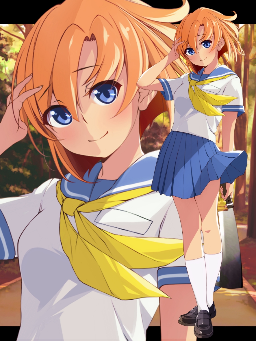 1girl, arm_at_side, black_shoes, blue_eyes, blue_sailor_collar, blue_skirt, blunt_ends, blush, bob_cut, chuutaro_metal, closed_mouth, clothes_lift, commentary, floating_hair, full_body, hand_on_own_head, hand_up, higurashi_no_naku_koro_ni, holding, holding_weapon, kneehighs, letterboxed, loafers, looking_at_viewer, medium_hair, miniskirt, multiple_views, nata_(tool), neckerchief, orange_hair, outdoors, pleated_skirt, ryuuguu_rena, sailor_collar, school_uniform, serafuku, shirt, shoes, short_sleeves, skirt, skirt_lift, smile, socks, split_mouth, standing, sunset, upper_body, weapon, white_shirt, white_socks, wind, wind_lift, yellow_neckerchief