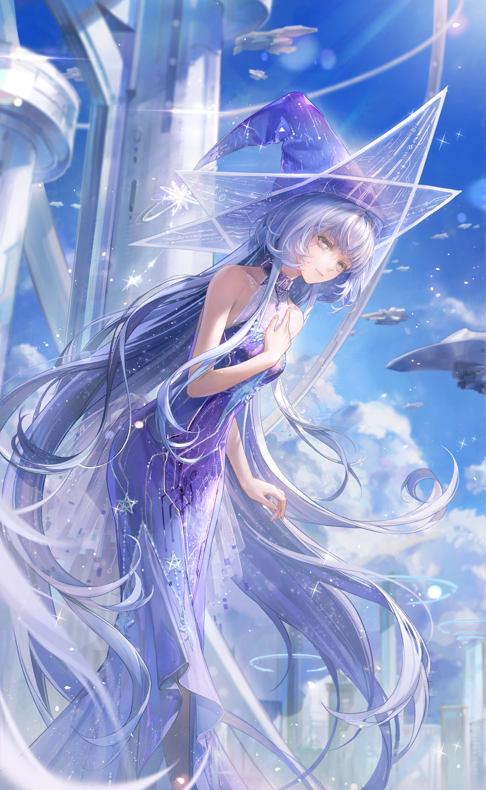 1girl, artist_request, bare_arms, bare_shoulders, belt, belt_buckle, belt_collar, blue_sky, buckle, city, closed_mouth, clouds, collar, collarbone, dress, empty_eyes, feet_out_of_frame, game_cg, glow_(shining_nikki), gown, grey_hair, grey_pantyhose, hand_on_own_chest, happy, hat, highres, laws_of_stars_(shining_nikki), leaning, light_particles, light_rays, lipstick, long_dress, long_hair, looking_at_viewer, makeup, nikki_(series), official_alternate_color, official_art, pantyhose, pink_lips, purple_belt, purple_dress, purple_hat, science_fiction, shining_nikki, sky, sleeveless, sleeveless_dress, smile, solo, standing, star_(symbol), star_print, sunlight, ufo, very_long_hair, wavy_hair, witch_hat, yellow_eyes