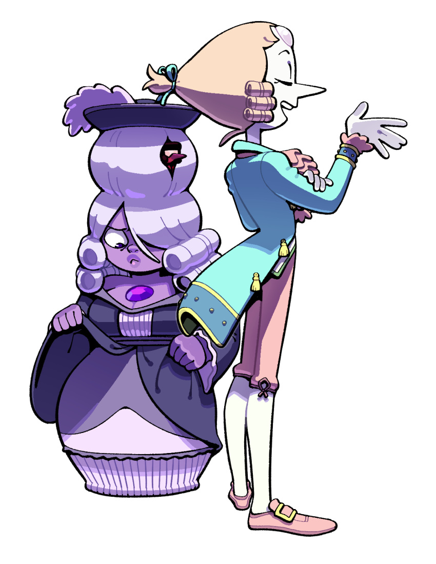 2girls, alternate_costume, amethyst_(steven_universe), breasts, colored_skin, crossdressing, crossdressing_(ftm), discount-supervillain