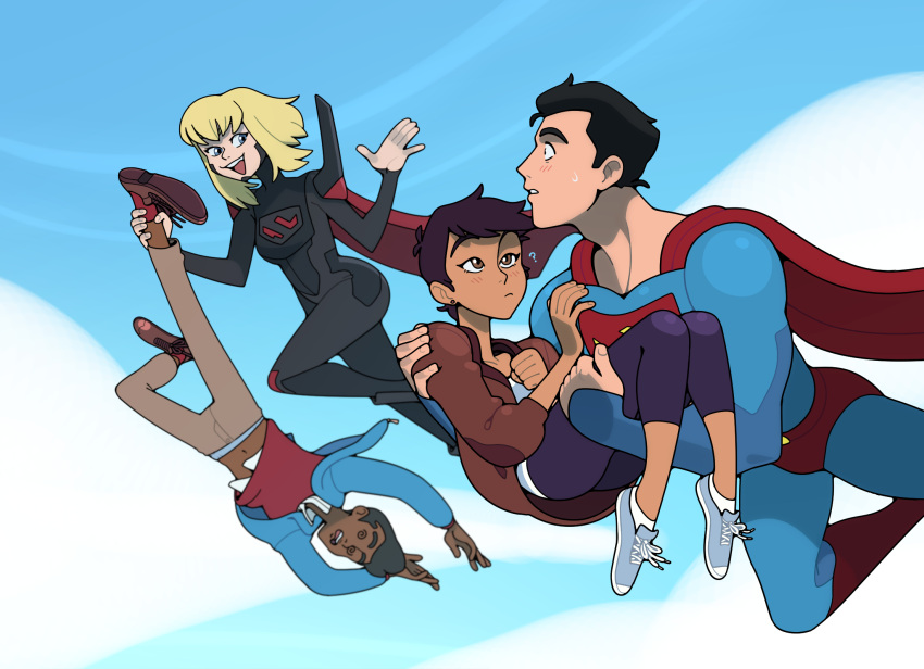 2boys, 2girls, black_hair, blue_bodysuit, blush, bodysuit, breasts, cape