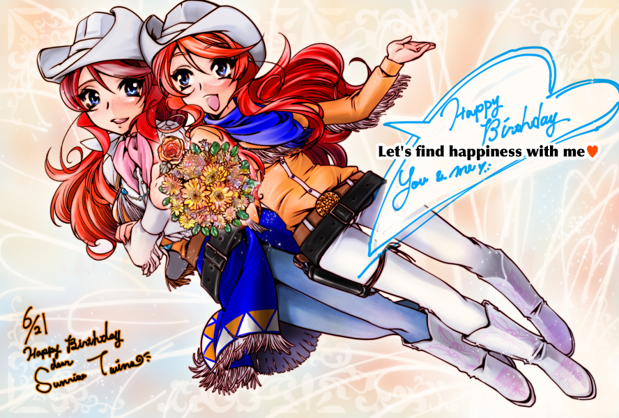 2girls, belt, blue_eyes, blue_scarf, blue_skirt, blush, boots, character_name