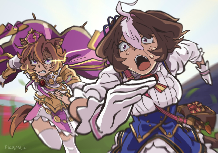 2girls, ahoge, animal_ears, bag, breasts, brown_hair, cape, carrot_charm