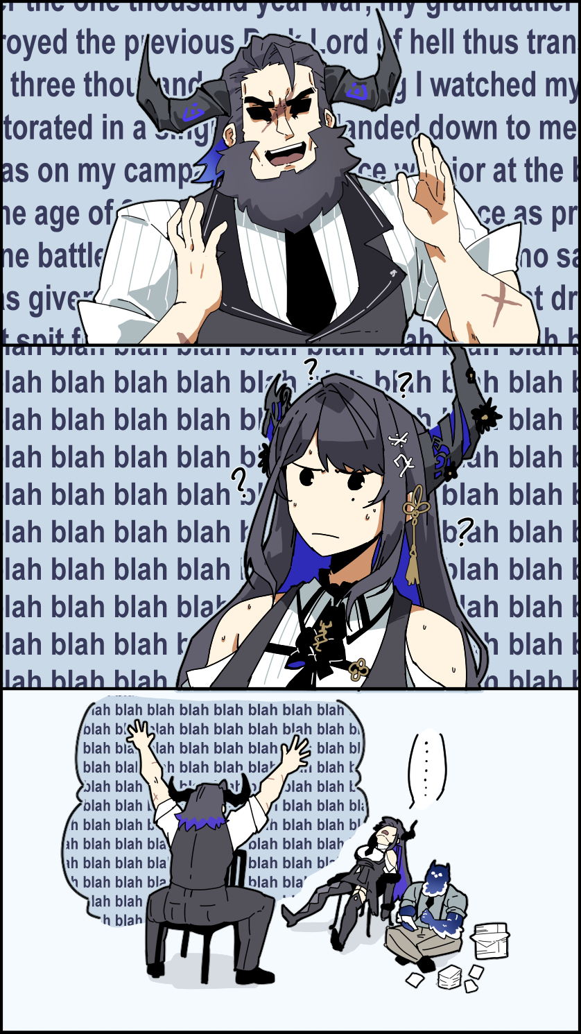 1boy, 1girl, ?, beard, black_eyes, black_hair, black_skirt, black_thighhighs